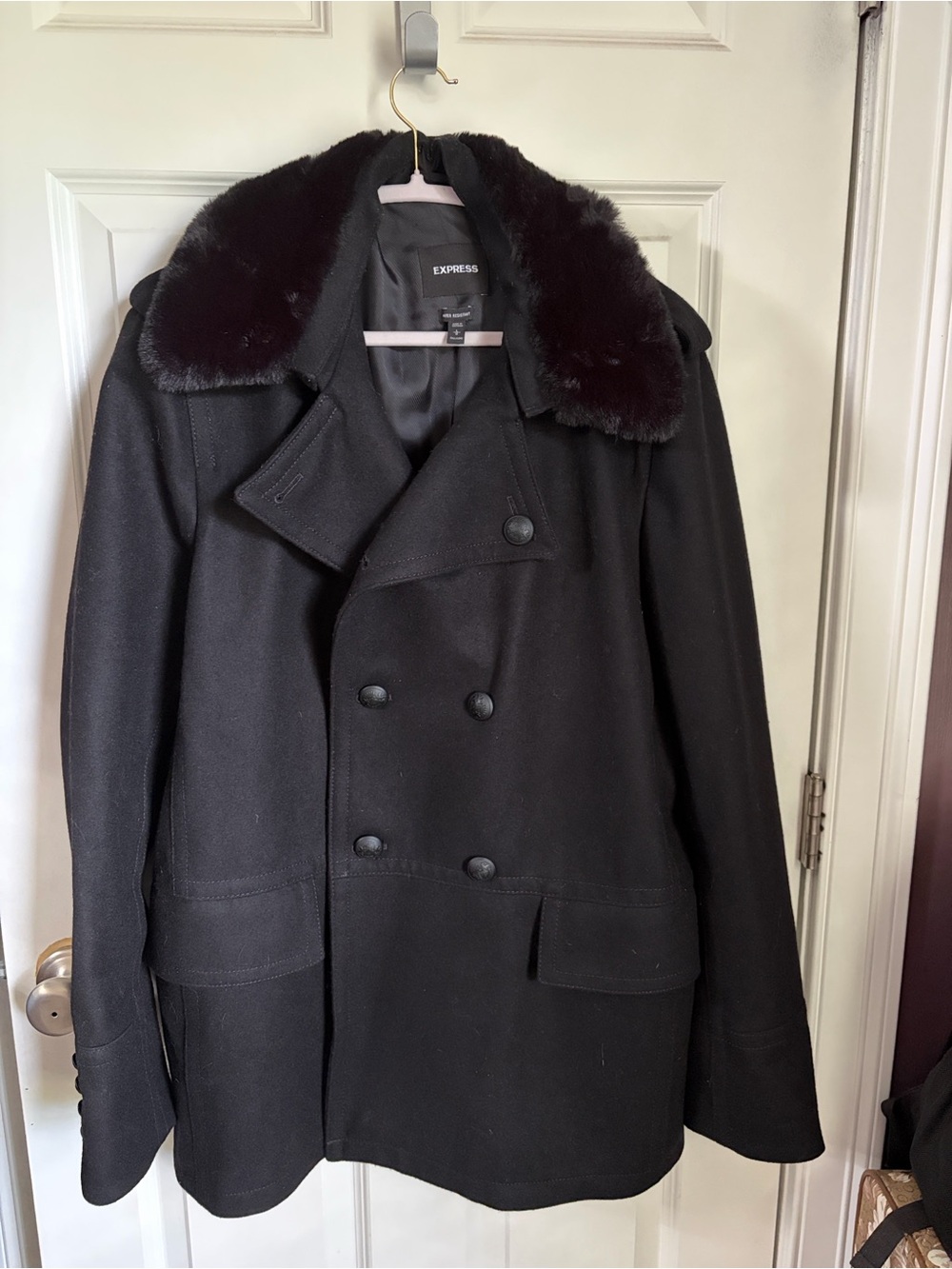 Express Black Peacoat with Faux Fur Collar
